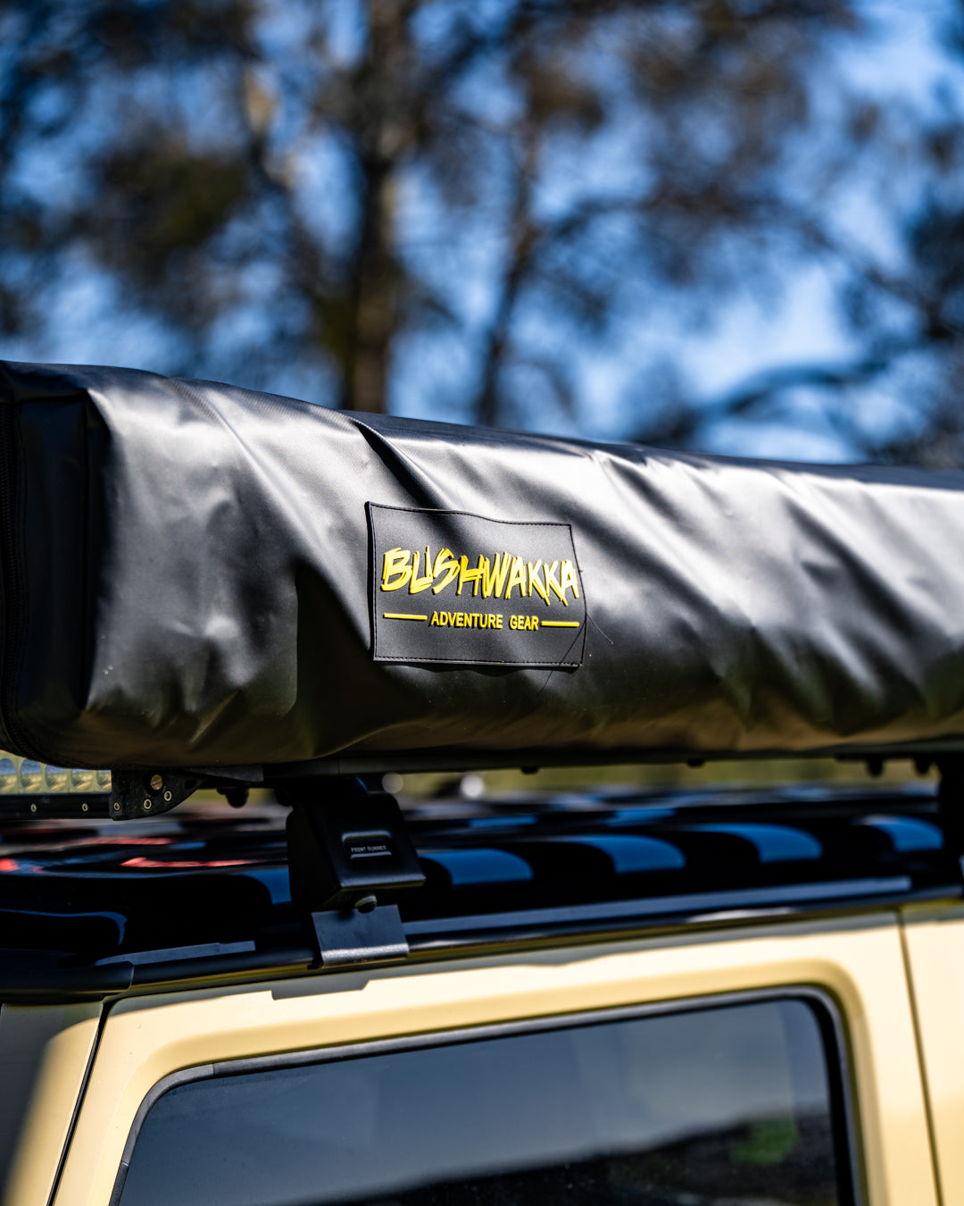 close up of bushwakka adventure gear logo on rooftop tent